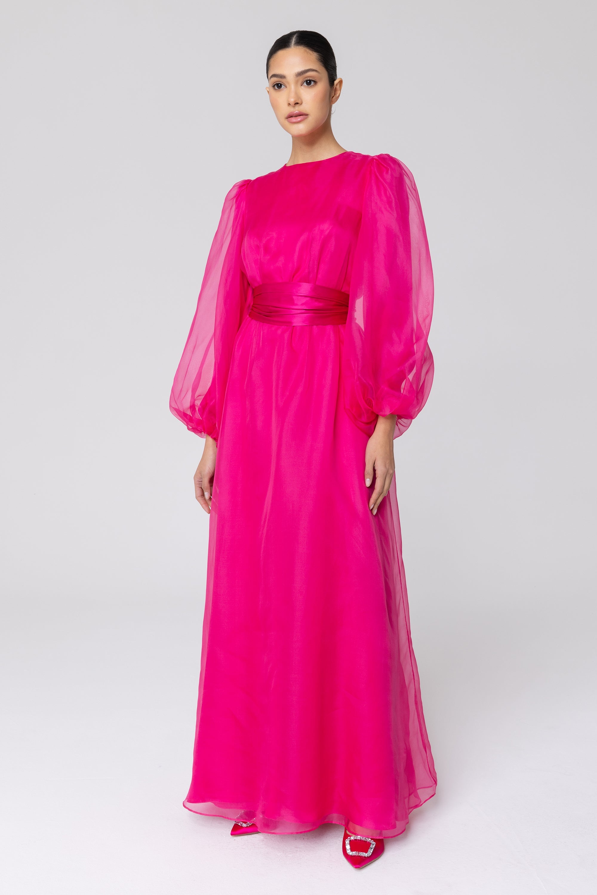 Image of Silk Organza Balloon Sleeve A-Line Maxi Dress - Pink