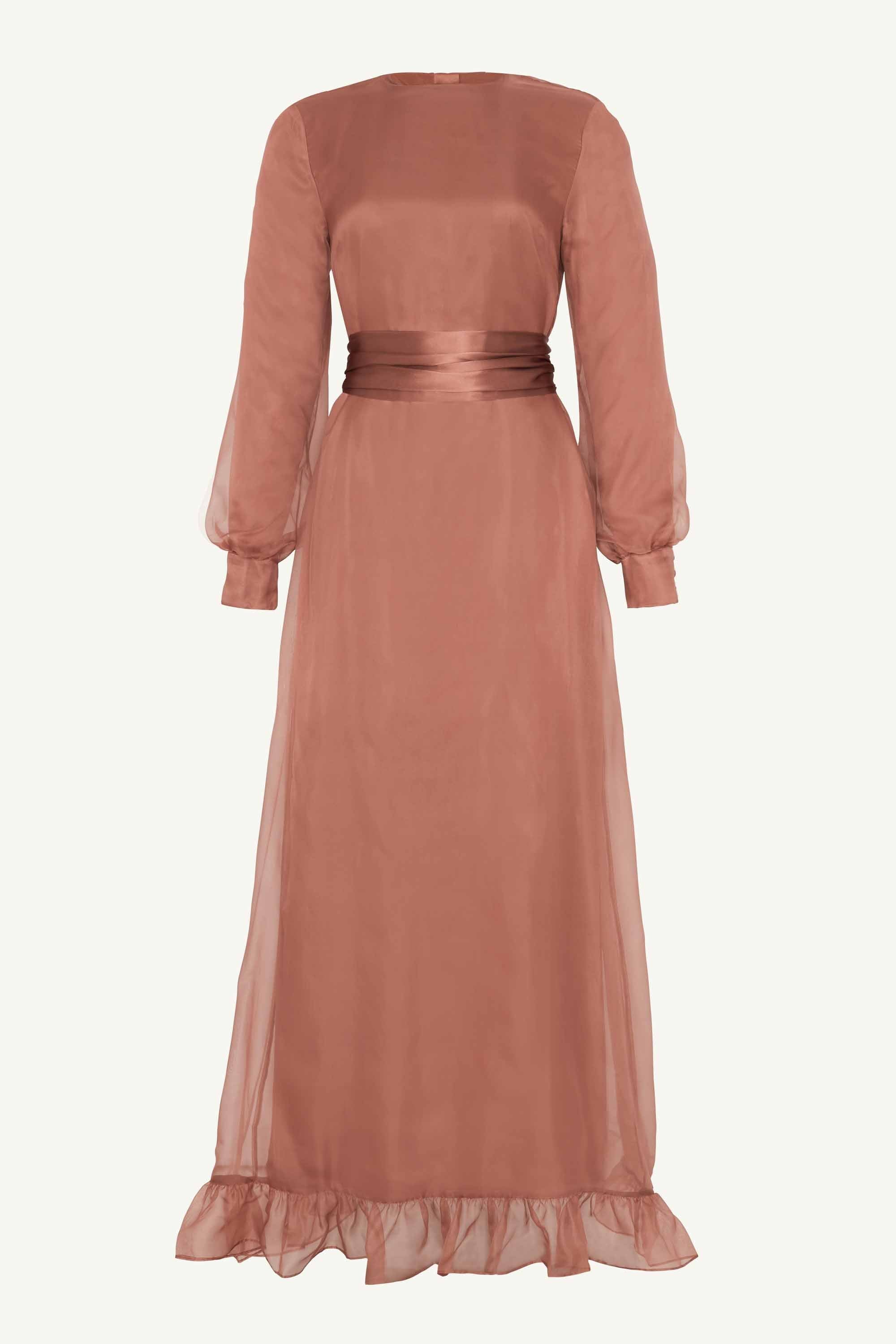 Image of Silk Organza Ruffle Trim Maxi Dress - Cedar Wood