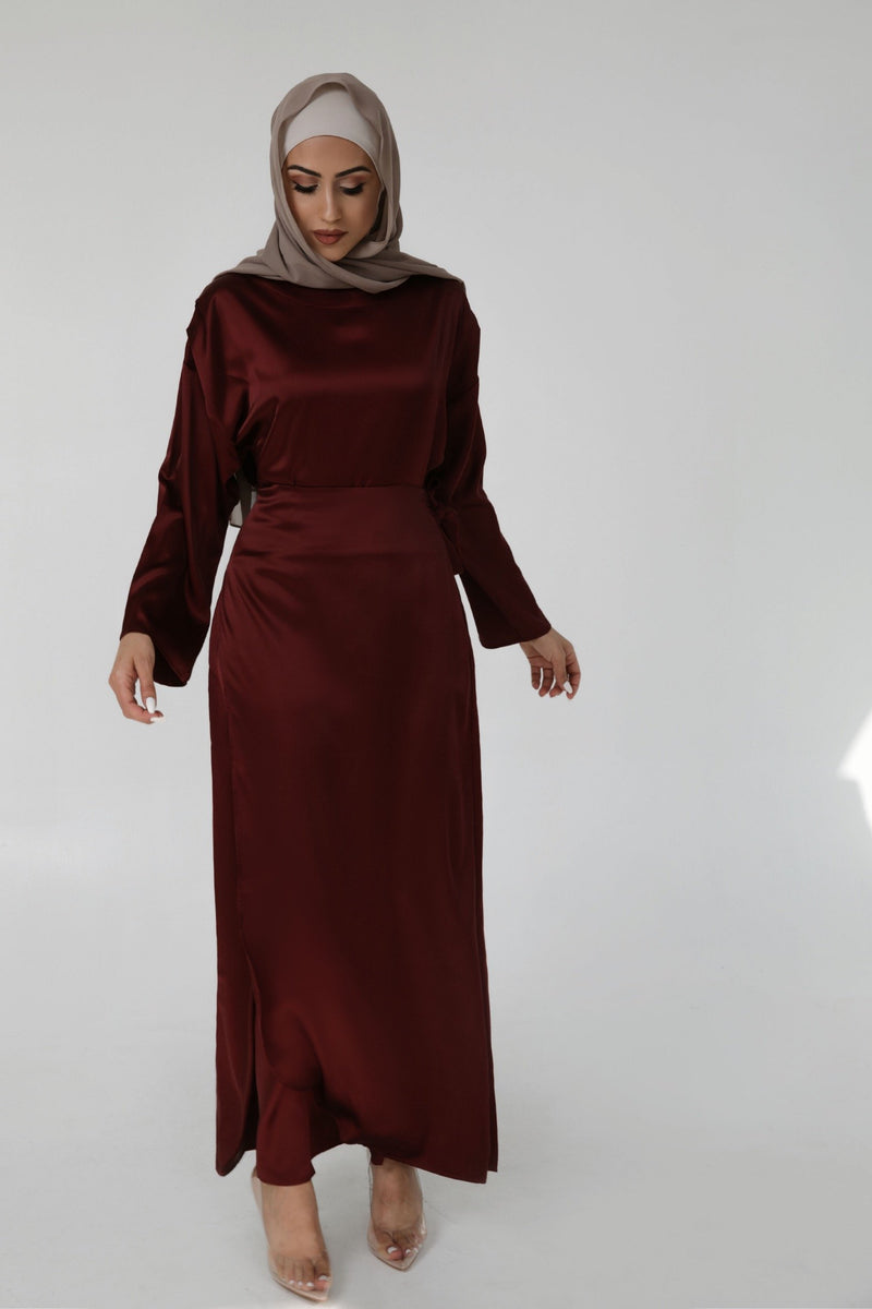 burgundy satin dress long