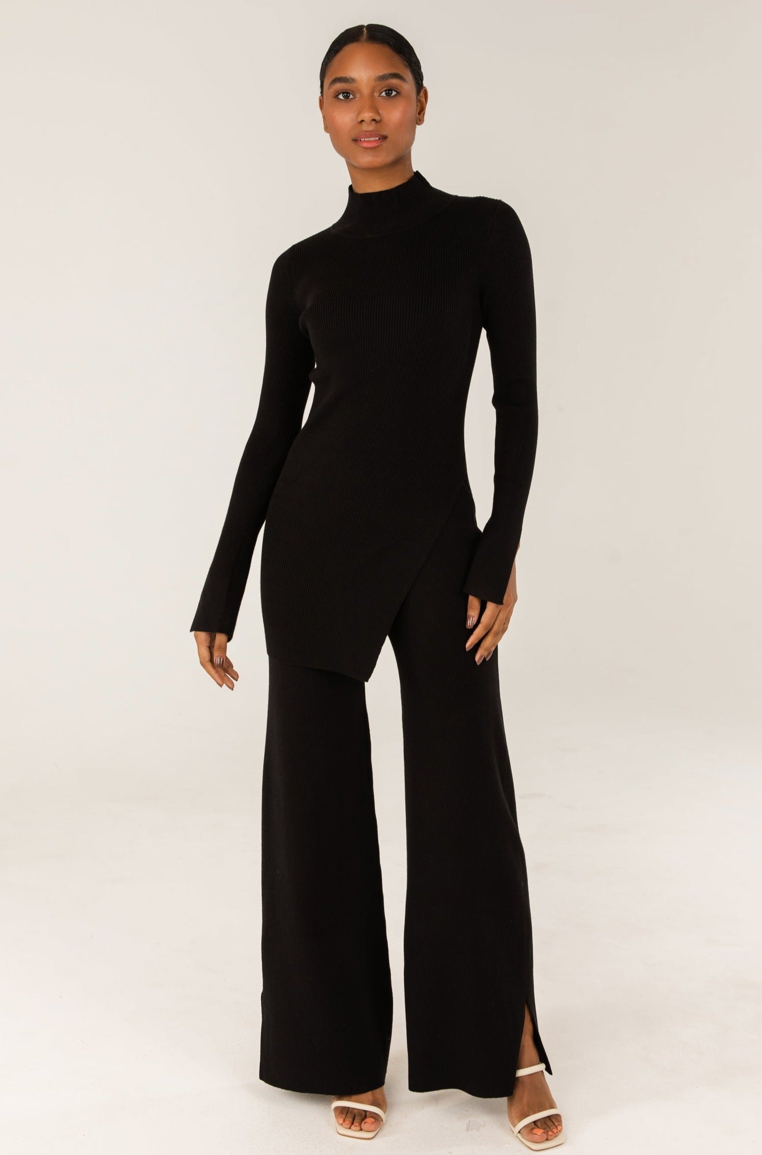 Soft Ribbed Wide Pants Black