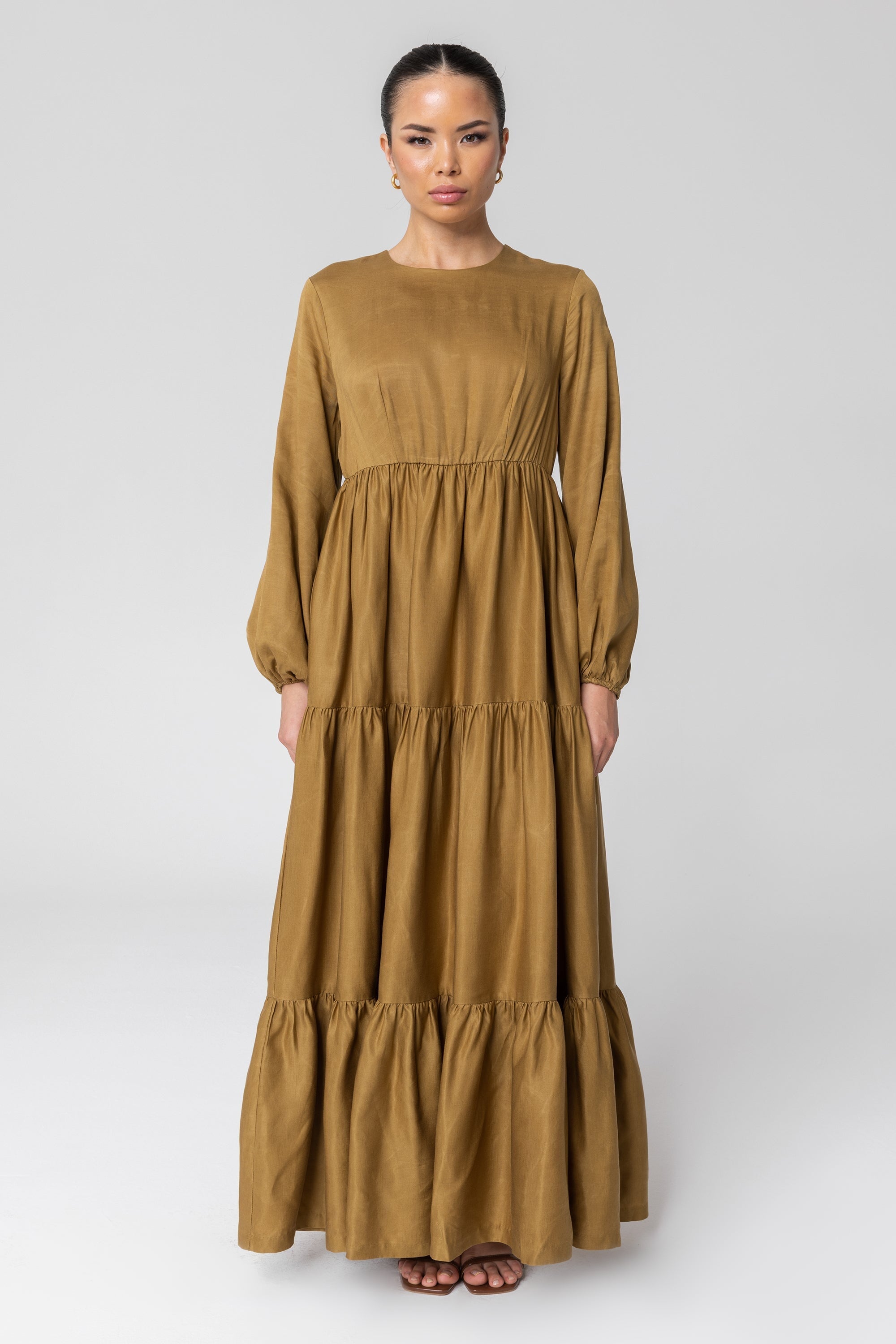 Image of Tala Tiered Linen Maxi Dress - Green Moss