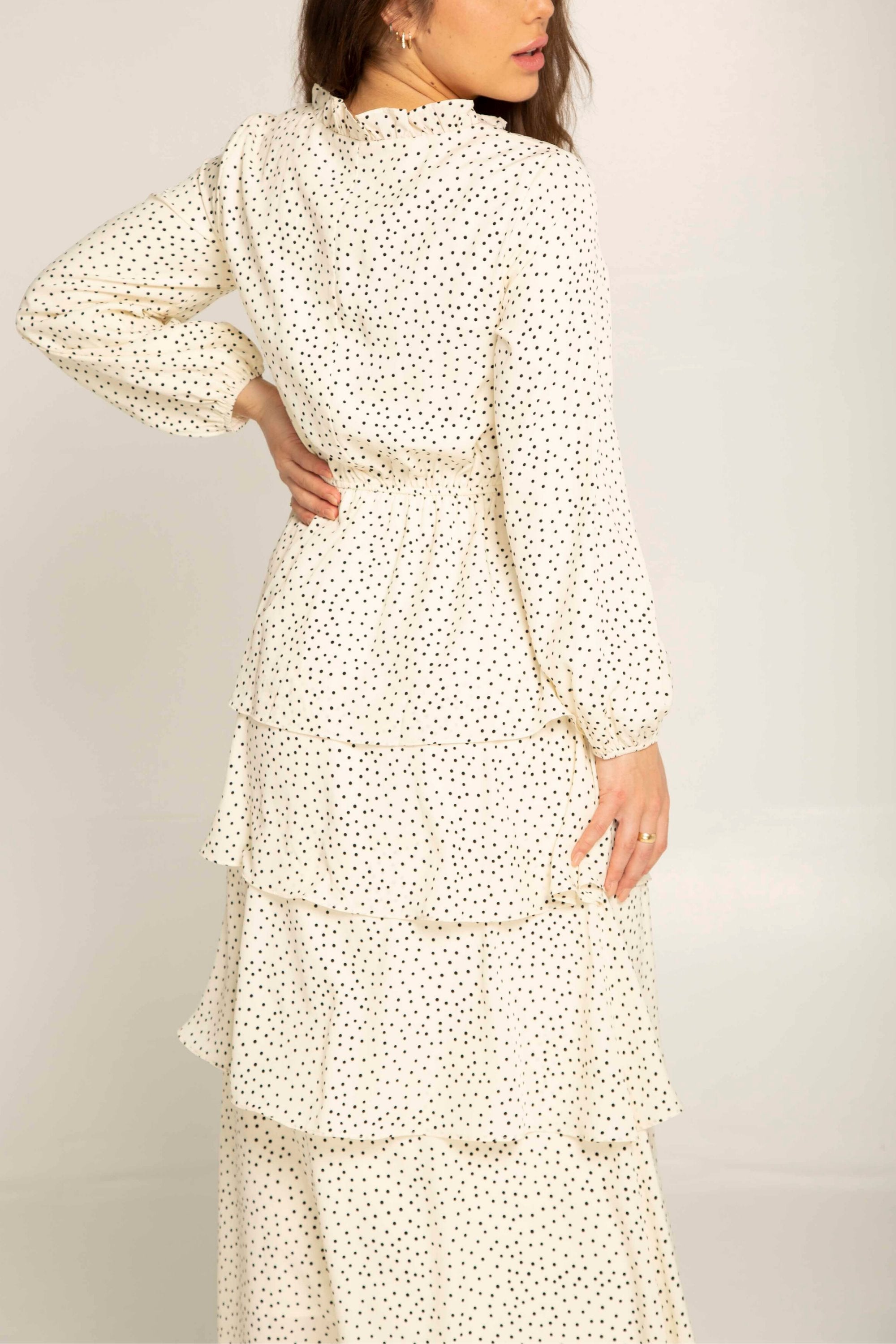 white polka dot ruffle dress
