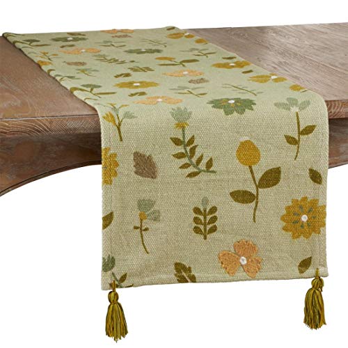 Camino de mesa de algodón puro bordado con flores silvestres de Fennco Styles, 16 "W x 72" L - Cubierta de mesa rectangular floral verde