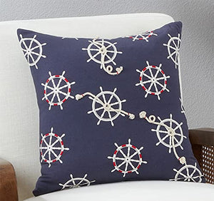 Fennco Styles Nautical Helm Wheel & Rope Appliqué Cotton Decorative Throw Pillow 18" W x 18" L – Navy Blue Coastal Cushion for Couch