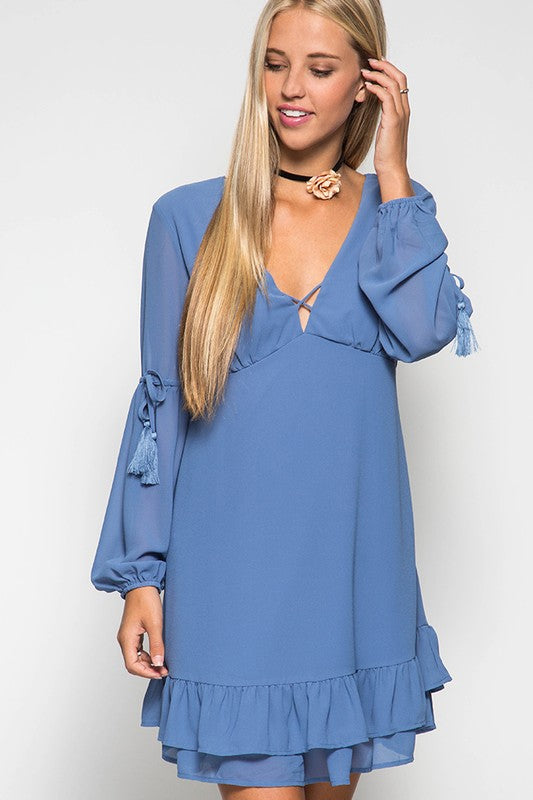 She and Sky Long Sleeve Dress With Tassel and Ruffle Details