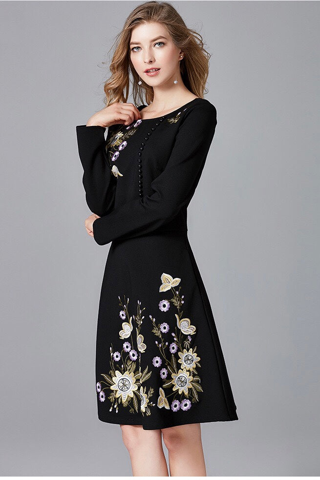 Floral Embroidered Midi Dress - Dress Album