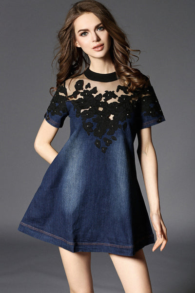 Embroidered Lace Denim Dress - Dress Album