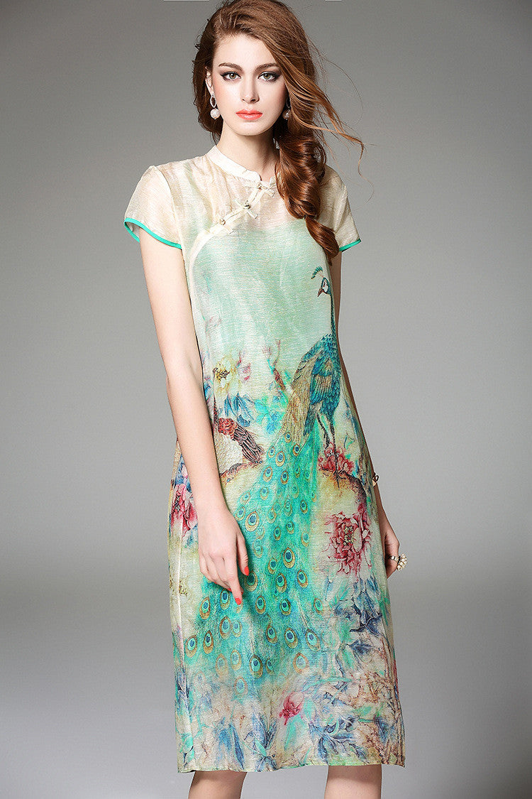 Peacock Print Silk Dress - Silk Cheongsam Dress - Dress Album