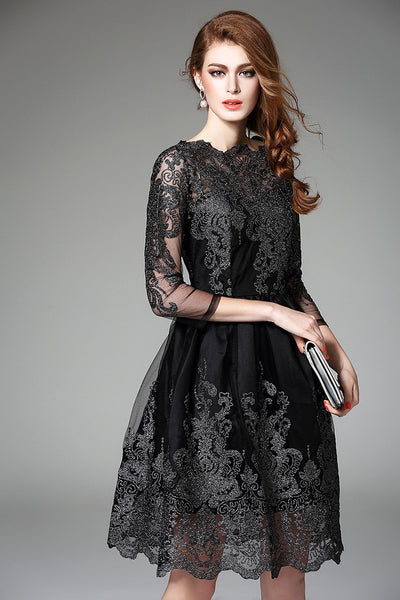 Black 3/4 Sleeve Lace Dress - Black Lace Dress - Dress Album