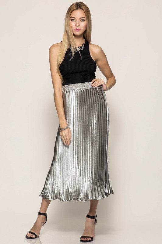 Metallic Midi Skirt With Pleats and Elastic Waistline - Dress Album