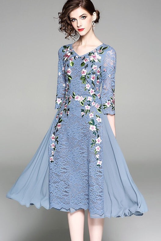 Floral Embroidered Dress W/ Side Slit - Dress Album