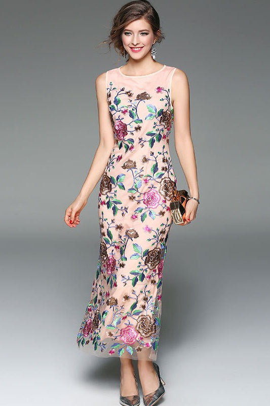 flower embroidered maxi dress