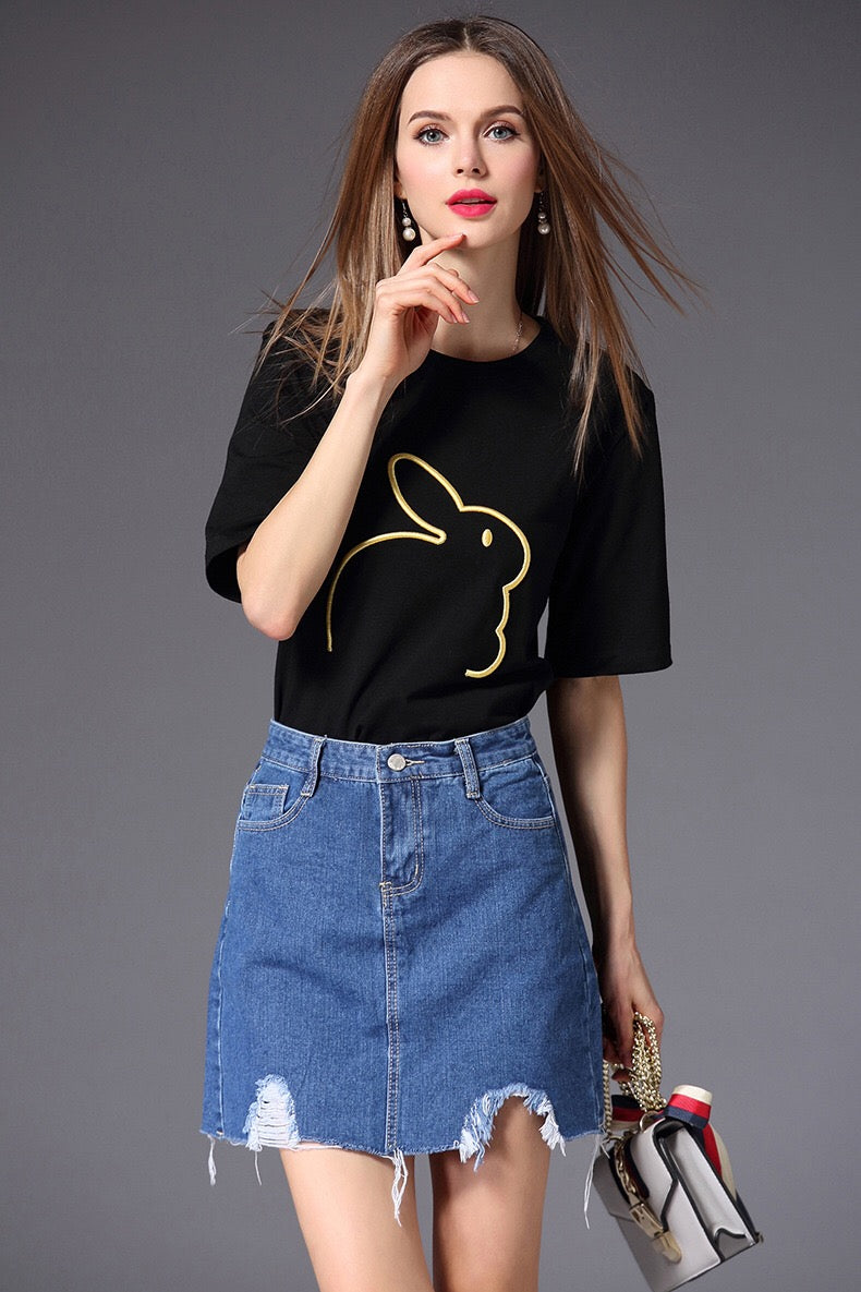 shirt and denim skirt