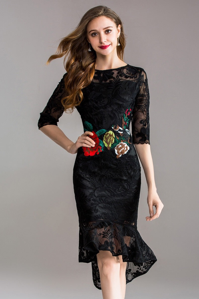 black dress with rose embroidery
