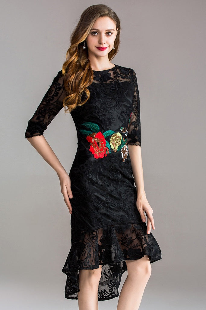 black dress with rose embroidery