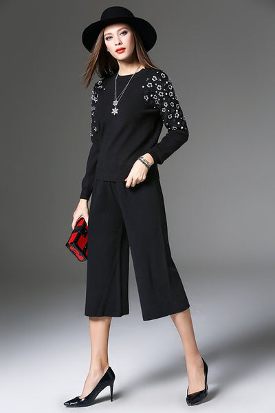 Black Sweater With 3D Flower Detail - Women's Sweater - Dress Album