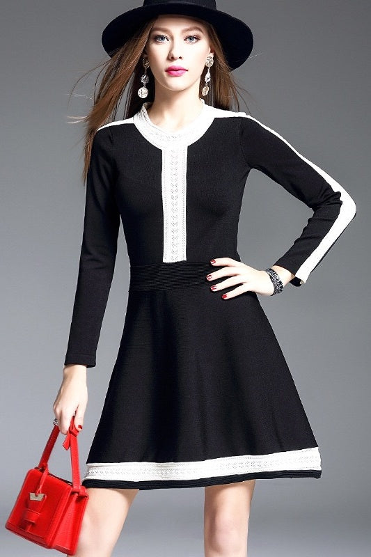 Black Knit Dress With White Contrast Detail - Women's Knit Dress