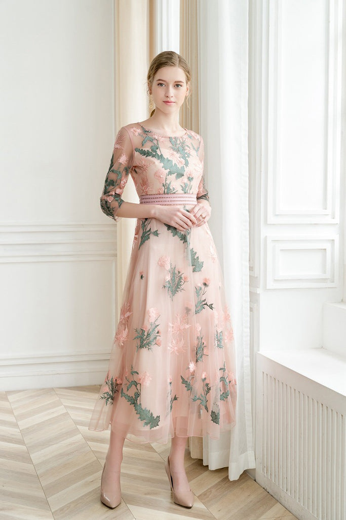 Embroidered Sleeveless Midi Dress - Dress Album