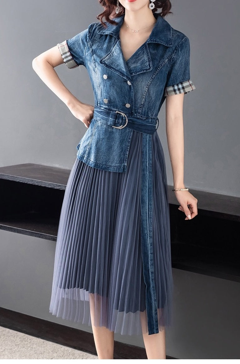 pleated denim dress