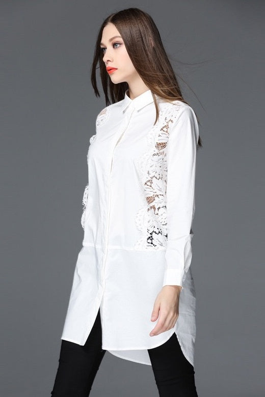 White Long Shirt W/ Lace Detail - Dress Album