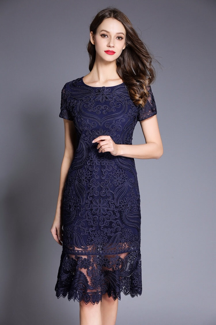 Embroidered Lace Fishtail Dress - Dress Album