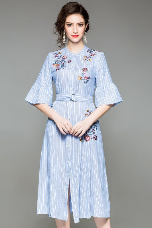 blue and white embroidered dress