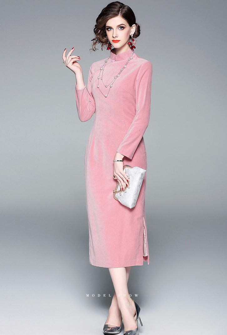pink velvet long sleeve dress