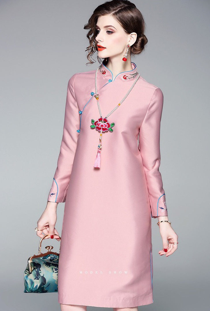 Pink Floral Embroidered Qipao Dress - Women's Qipao Cheongsam - Dress Album