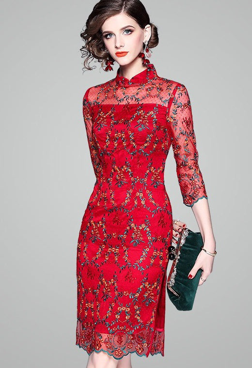 red floral embroidered dress