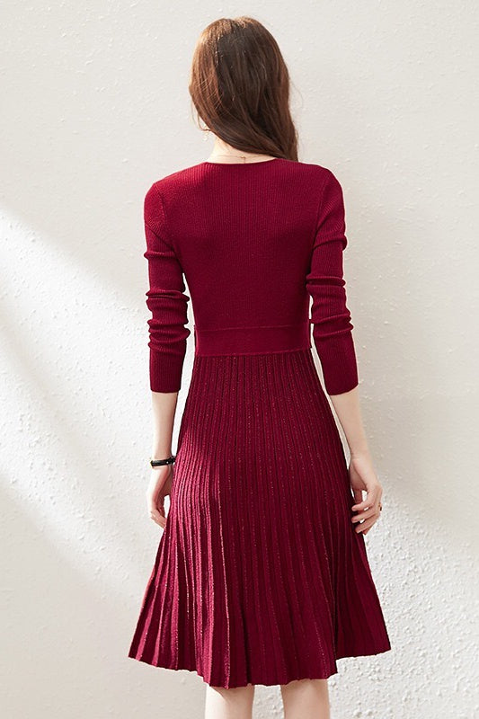 Women's Sweater Dress - Wine V Neck Pleated Wool Blend Dress