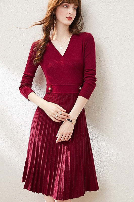 Women's Sweater Dress - V Neck Pleated Wool Blend Dress | Dress Album