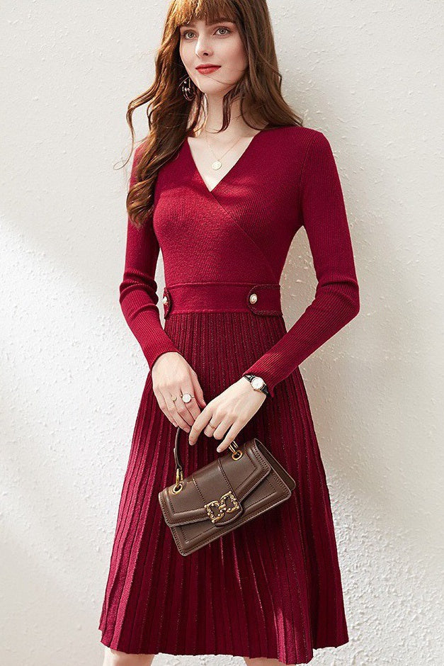 Women's Sweater Dress - Wine V Neck Pleated Wool Blend Dress