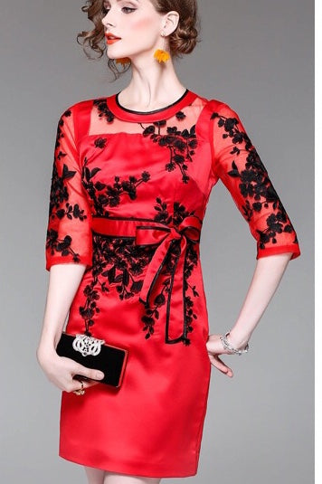 red floral embroidered dress