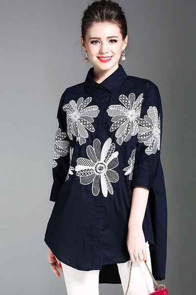 Navy Oversized Blouse With White Flower Embroidery | Dress Album