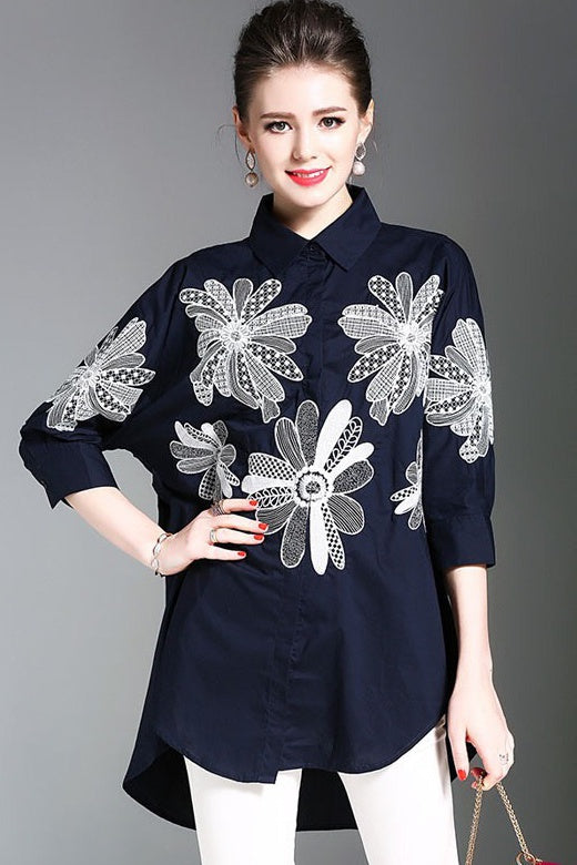 Navy Oversized Blouse With White Flower Embroidery | Dress Album