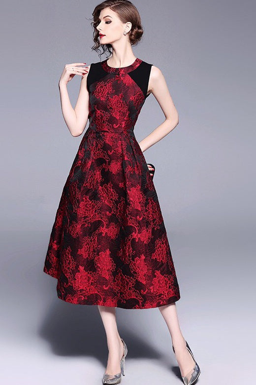 Red Jacquard Fit and Flare Dress - Midi 