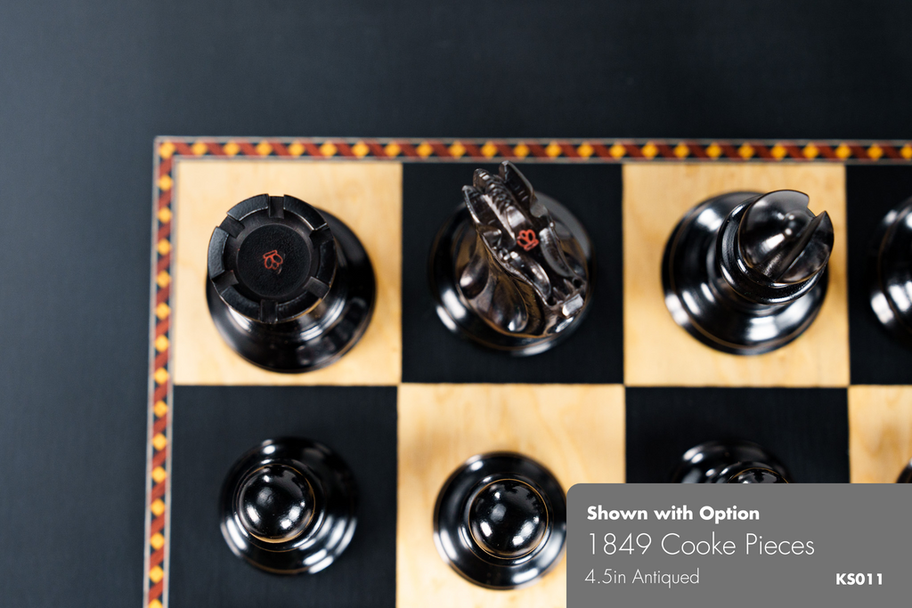 4.5" 1849 Cooke Chess Pieces - Antiqued and Ebony - top down view