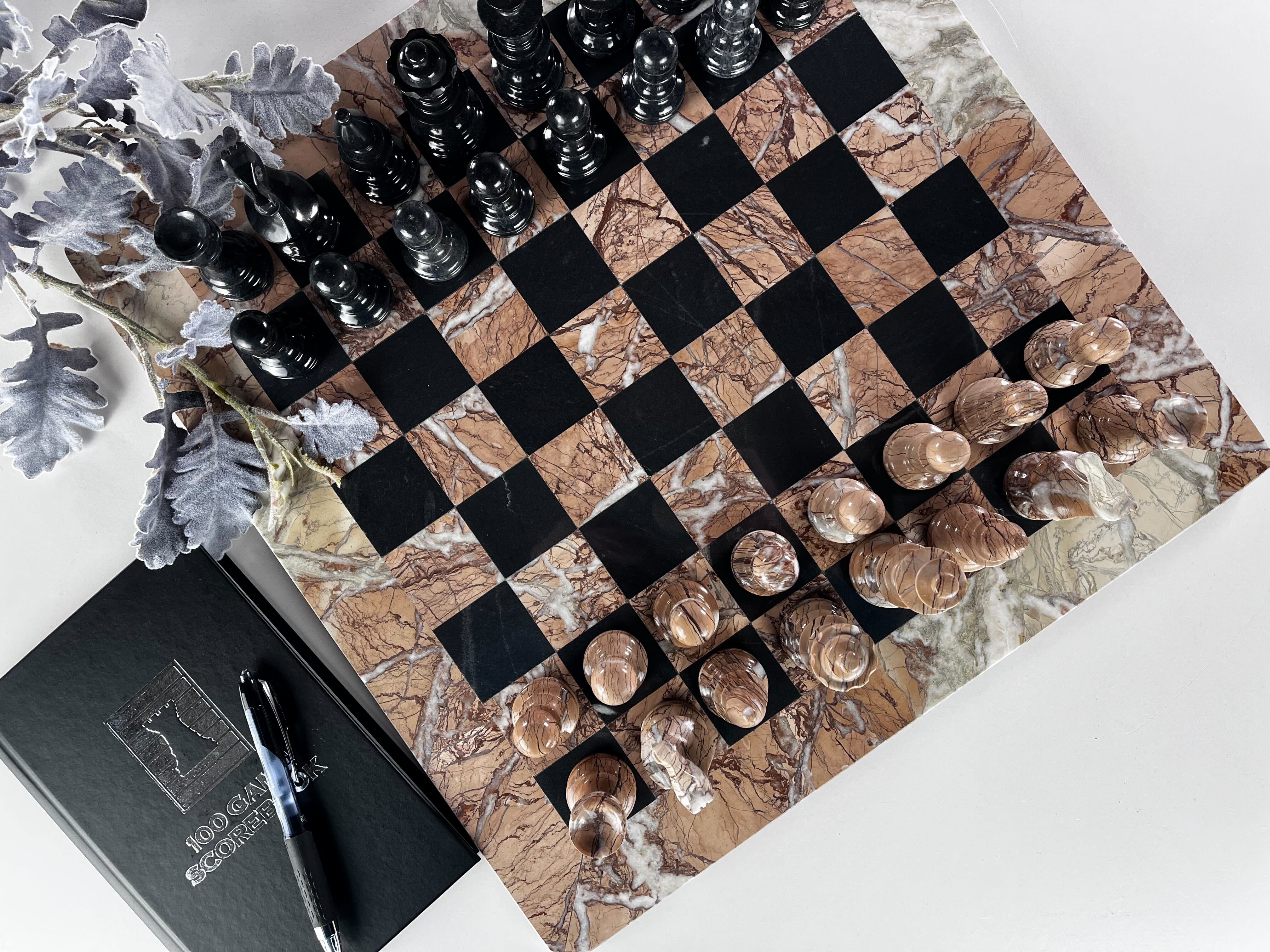 Chess Set - Large Metal Staunton Men on Marble Decoupage Chess