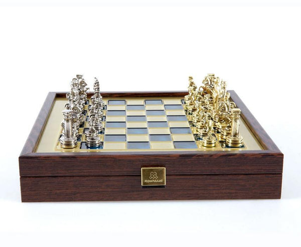 Brass Romans Vs Barbarians Chessmen & Leatherette Cabinet Chess Set Green (Metal Pieces) - Fancy Chess