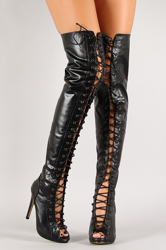 lace up peep toe thigh high boots