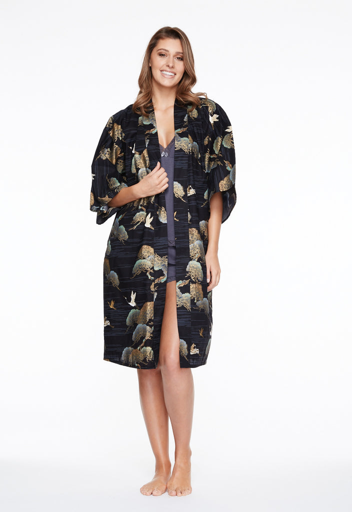 Download Pines & Cranes Womens Short Cotton Kimono - Beautiful Robes