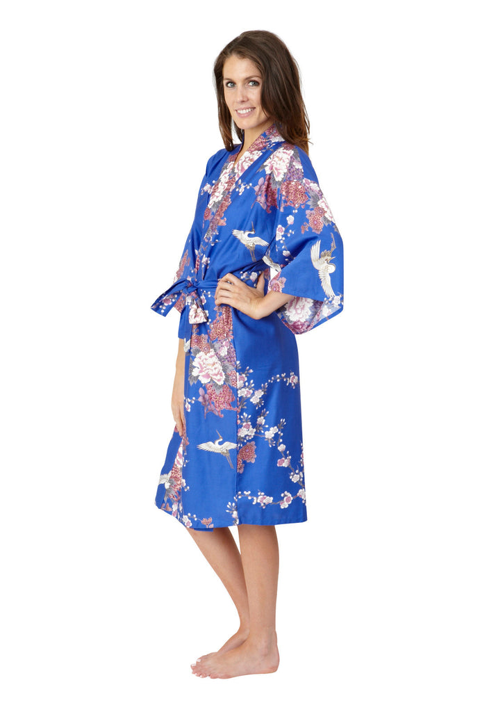 Flying Crane & Peony Short Cotton Happi Coat Kimono - Beautiful Robes
