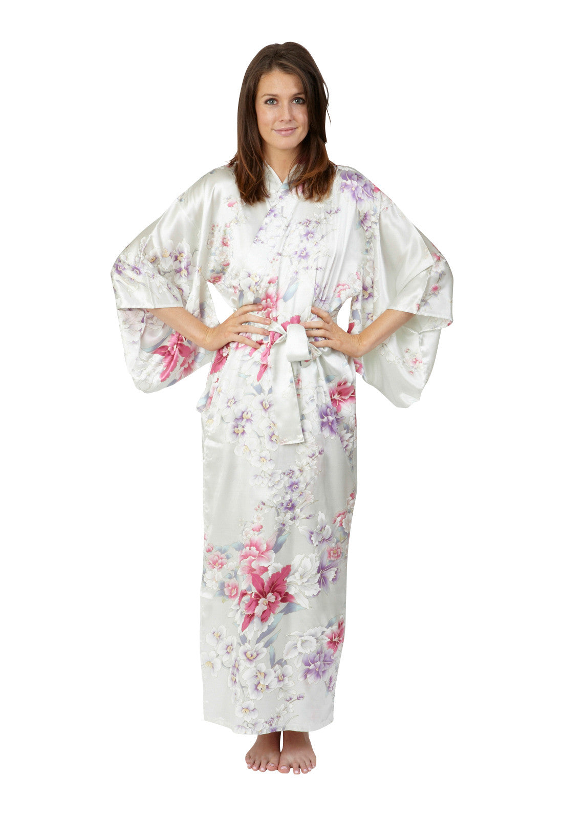 Bridal Kimono Elegant Orchids Long Silk Robe - Beautiful Robes