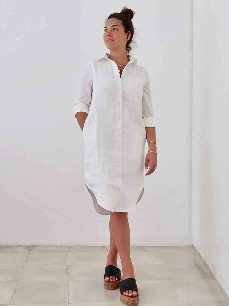 white linen shirt dress long