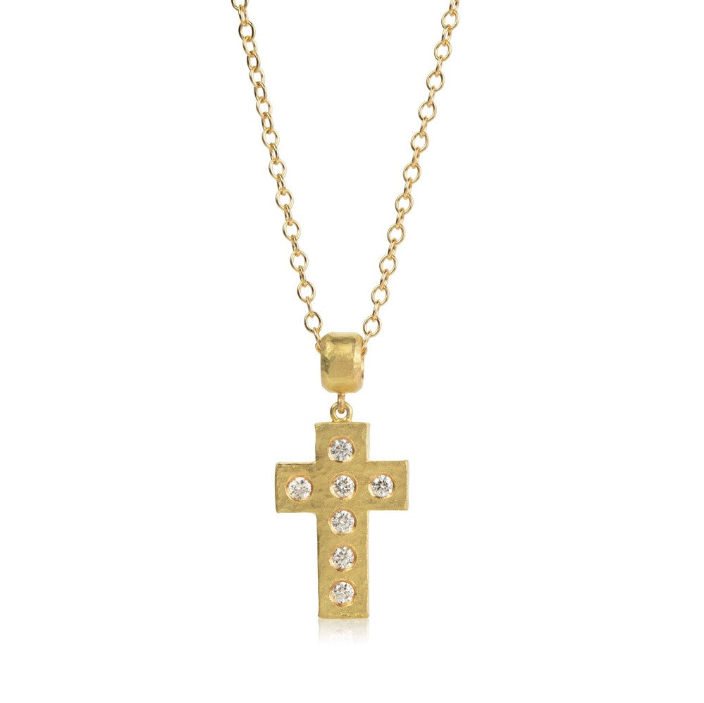 Gold Beaten Cross Pendant with Diamonds by Julia Lloyd George