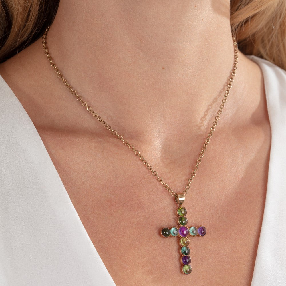 Rose Gold Fancy Cross Diamond Pendant Necklace With Gemstone