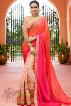 Buy Pink Peach And Magenta Shaded Half And Half Silk Saree Online At Indi Fashion