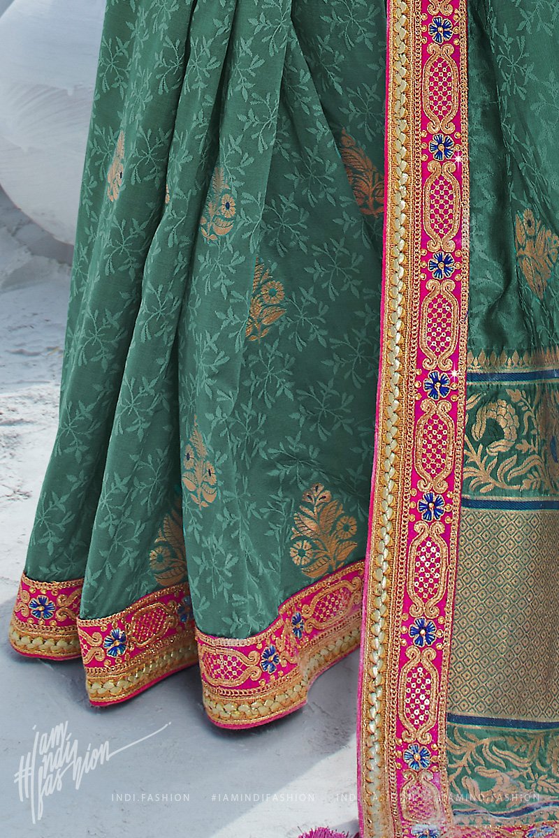 Green and Dark Rani Pink Weaving Silk and Jacquard Saree