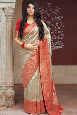 Buy Linen White And Red Weaving Silk Saree Online At Indi Fashion