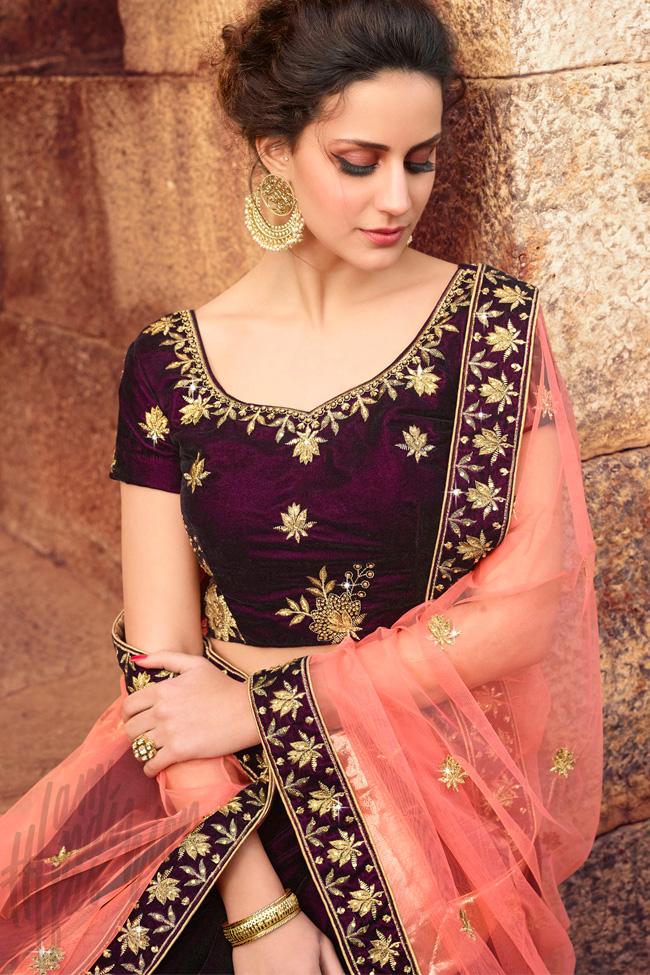 Dark Purple And Peach Velvet Lehenga Set Indi Fashion